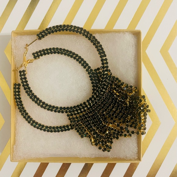 NEW, Natasha, Green Rhinestone, Sparkling Dangle Hoop Earrings - Picture 5 of 9